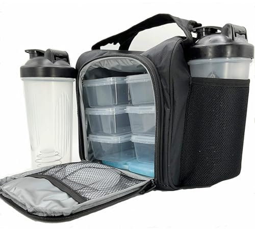 NUTRIFIT Large Meal Prep Bag for Men and Women - Insulated Lunch Box Cooler with 6 Stackable Food Containers BPA-Free Reusable - Pocket Vitamins Pill Case - Shaker Bottle and Ice Packs Included