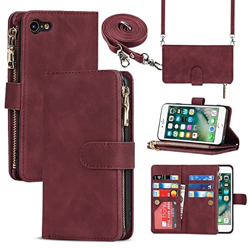 CAVOR Handykette Handyhülle kompatibel mit iPhone 7/8/SE 2020/SE 2022 Hülle Mit Band,Flip Leder Geldbörse Hülle Mit Kette,[9 Kartenfach][Doppelte Schnalle],Umhängeband Klapphülle Handytasche - Rot