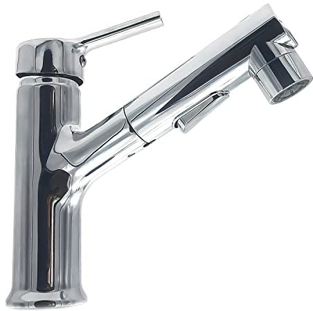 MAKA Rubinetto Bagno Lavabo Alto Cromo Argento Lucido Miscelatore Bocca Estraibile 105 cm Getto Acqua Calda Fredda Zampillo Monocomando Comando Maniglia Singola Lavandino Cascata in Ottone Moderno