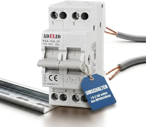 ADELID Wahlschalter Umschalter 1-0-2 83 x 79 x 36 mm | 2-polig 16A | 240/415V IP20 | Reiheneinbau Montage auf TH35-Hutschiene
