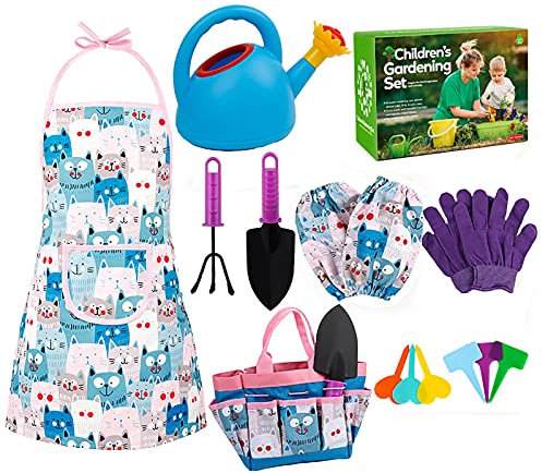 Moonyan Gärtner-Werkzeug-Set, Kinder-Gartengeräte-Set Bunte Spaß Kinder-Gartengeräte mit Dose, Rechen, Handschuhe, Schürze