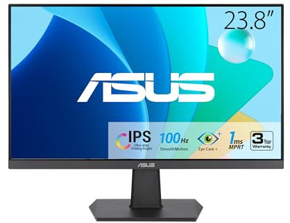 ASUS 24” (23.8-inch viewable) 1080P Eye Care Monitor (VA24EHF) - IPS, Full HD, Frameless, 100Hz, 1ms, Adaptive-Sync, for Working and Gaming, Low Blue Light, HDMI, VESA Mountable, Tilt, BLACK