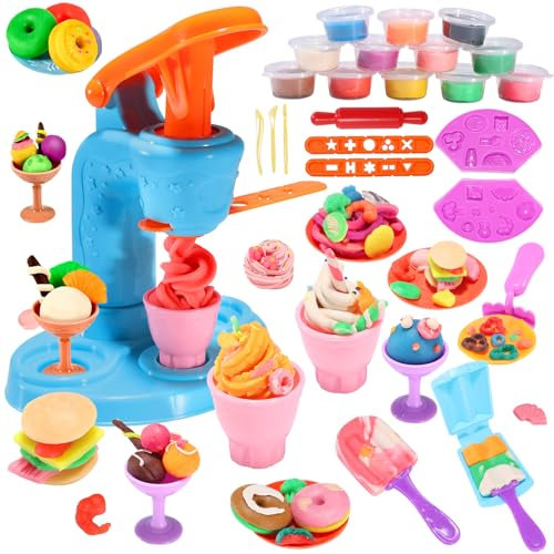 VBACALA Knete Set,Knete Zubehör Knete Eismaschine Set für Kinder,Kinderknete Eismaschine Kitchen Creations 34PCS Knetwerkzeug mit 12 Farben Knetmasse,Knete ab 3 Jahre Mädchen & Junge