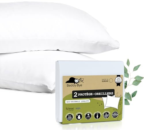 Protège Taie Oreiller 50x70 cm (Lot de 2) Imperméable en Tencel™ avec Fermeture Zip - Certifié Oeko-Tex® en Fibre Écologique et Durable Aegis® - Fabriqué en UE