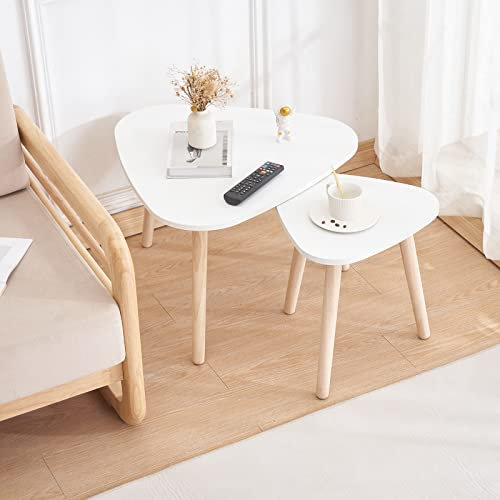 HUOLE Beistelltisch Couchtisch Sofatisch,2 Set Beistelltisch mit Ablagen Couchtisch Sofatisch Kaffeetisch Satztisch Zwei Dreiecke - weiß