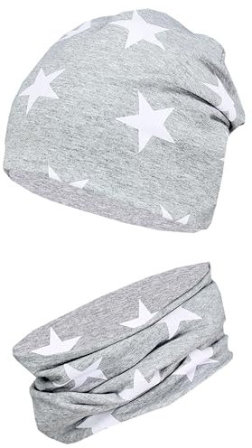 TupTam Mädchen Kinder Beanie Mütze Schlauchschal 2er Set Herbst Winter gefütterte Übergangsmütze mit Loop, Farbe: Jersey zweilagig - Weiße Sterne Grau Meliert, Hat Size: 50