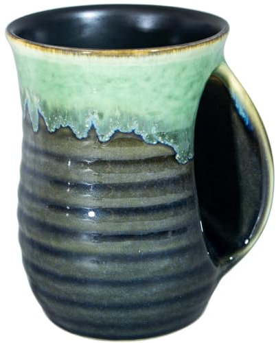 Icytrip Handwärmer-Tasse, 530 ml, groß, handgefertigt, Keramik, für Rechtshänder, Grau / Grün