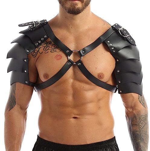 BaronHong Herren-Schulterpanzer aus Leder, Steampunk-Körper-Brustgeschirr, mittelalterliche Wikinger-Gotik-Ritterrüstung, verstellbar (schwarz, M)