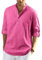 Enlision Mens Cotton Linen Shirts Summer Lightweight Hot Pink Beach Shirt Long Sleeve Roll Up Collarless Henley Shirt XL