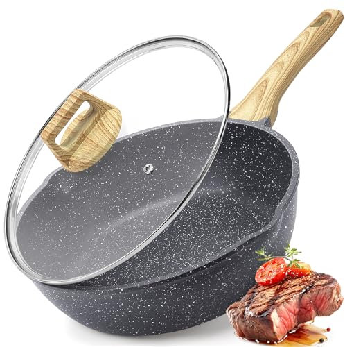 GiPP Nonstick Deep Frying Pan, 11 Inch Skillet Working Pan Granite Induction Cookware, 4.5Qt Non Stick Saute Pan with Lid, PFOA PFOS APEO Free, Grey
