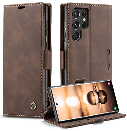 Cracedily Handyhülle für Samsung Galaxy S22 Ultra Hülle, Klapphülle Premium Lederhülle Klappbar Flip Case Tasche Magnet Kartenfach Standfunktion Klapphülle Schutzhülle für S22 Ultra 5G, Kaffee
