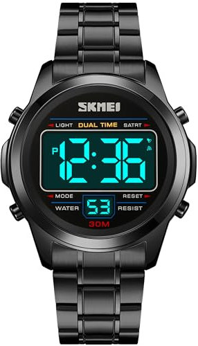Digital Uhren Herren Luxus Sportlich Männer Uhr Militär Edelstahl LED Wecker Digitale Armbanduhren Herrenuhr Wasserdicht mit Stoppuhr Datum Dual Time 12/24H Multifunktions Schwarz