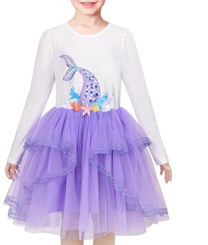 Sunny Fashion Vestito Bambina Viola Principessa Sirena Ricamo Pieghe Tulle Manica Lunga 8 Anni