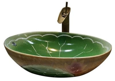 Xilin-872 Aufsatzwaschbecken Vintage-Aufsatzwaschbecken aus Keramikkunst, antikes Lotusblatt-Handwaschbecken, ovales Handwaschbecken, exquisites Badezimmerwaschbecken mit Zubehör Waschplätze