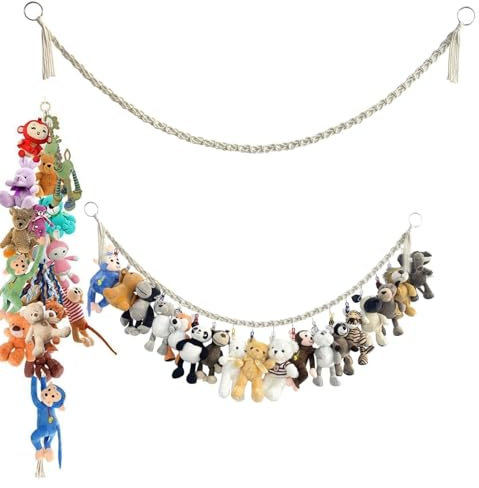 MHwan Kuscheltier Aufbewahrung, 2M Handgeflochtenes Seil mit 18 bunten, großen, nicht scharfkantigen Clips, Bohemian-Stil, Seil für Schlafzimmer, Kinderzimmer, Dekoration, Stofftier Aufbewahrung