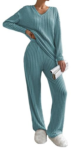 Famulily Tracksuit Womens Full Set V Neck Jumpers and Trousers, Ladies Travel Outfits Wide Leg Two Piece Loungewear Winter Pyjamas Leisure Suits (XXL, Green)