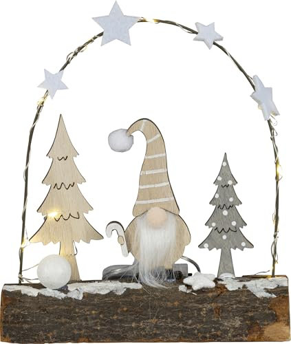 Wichtel im Wald - Größe 17 x 6 x 19cm - Festliche Weihnachtsdekoration - Zauberhafte Tischdekoration - Liebevolle Details (LED-Dekoration mit Holzstamm und Wichtel für Batteriebetrieb)