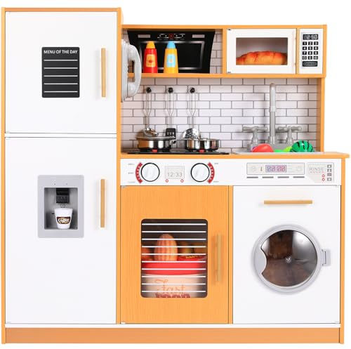 Clevich Cuisine Enfant en Bois, avec Effets Lumineux et Sonores Simulés, Jouet Cuisine Enfant avec Lave-Linge, Téléphone, Cuisinière, 82x80x25 cm, Cuisiniere Enfants pour 3+ Ans, Bois-Blanc