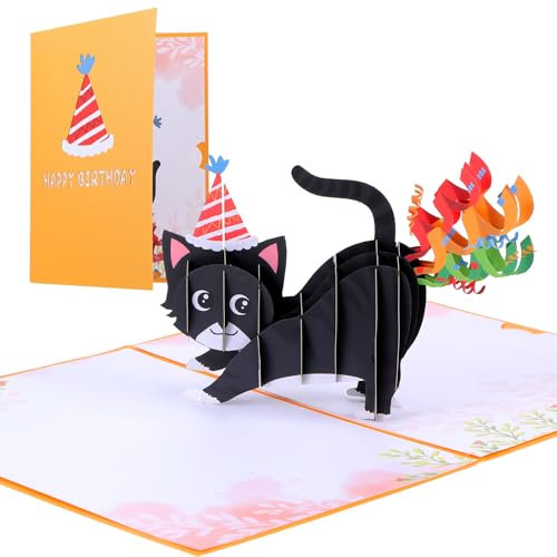 AOUZO Pop Up Karte Geburtstag, Lustig 3D Geburtstagskarte Katze Happy Birthday Einzigartig und Kreatives Karte Katzen Popup Karte für Frauen Männer Mädchen Junge Katzeeliebhaber Geburtstagskarte(Gelb)