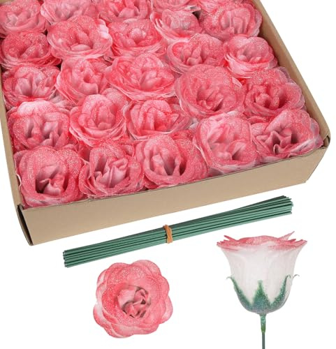 Rzoukler Glitzer-Rosenstrauß, 30 Stück, rote Rosen, künstliche Funkelnde Blumen für Hochzeit, Blumenstrauß, Party, Weihnachten, Heimdekoration (Farbverlauf, Rot)