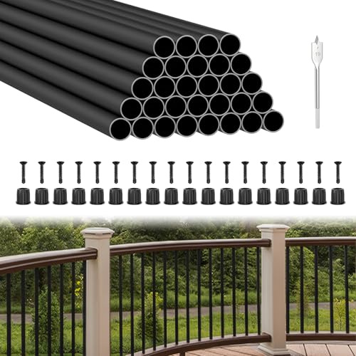 BLIKA 30 Pack 36 Aluminum Deck Balusters with Anti-UV Black Baluster Connectors, 3/4 Black Aluminum Deck Spindles, Hollow Round Aluminum Balusters for Deck Porch Railing, Metal Deck Balusters