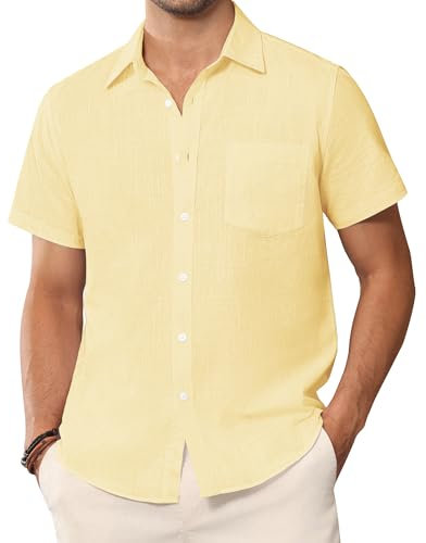 siliteelon Mens Short Sleeve Shirts Summer Linen Shirt Beach Regular Fit Casual Cotton Holiday Tops with Pocket Cream L