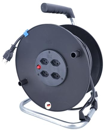 as - Schwabe Kabeltrommel 33 m H05VV-F 3G1,5, Innenbereich IP20, 4 SEV Typ 13 Steckdosen, Thermoschutz, Made in Germany