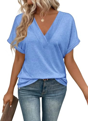 Cuptacc Ladies T Shirts V Neck Blue Tops for Women Tunic Summer Casual Dressy Womens Clothes Blue, XX-Large XXL 24-26
