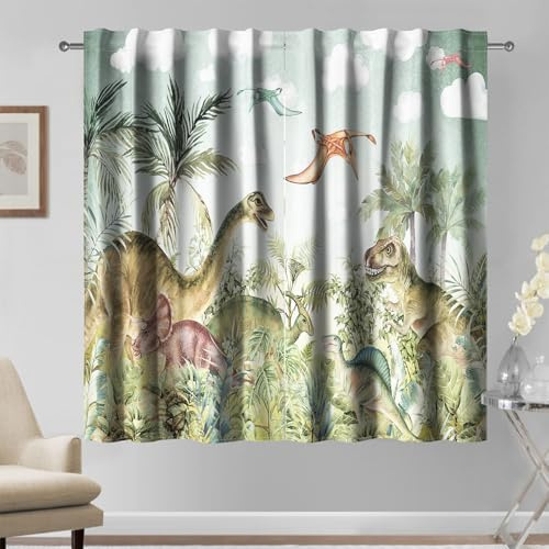 Kzzfqxb 107x215cm Cartoon Vorhänge 2 Paneele, Jurassic Age Dinosaurier Heimat grüne Pflanzen Bäume üppiger Wald, Fantasy Spaß Dekor für Kinder Jungen Schlafzimmer Kinderzimmer