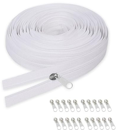 GIDWRIY Chiusura Zip Cerniera Lampo Lunga 10 M,Chiusura Lampo Nylon per Giubbotto,Cerniera Lampo Infinita con 20 Cursori,Cerniera Lampo per Borse,Chiusure lampo per Cucito per Biancheria-Bianco