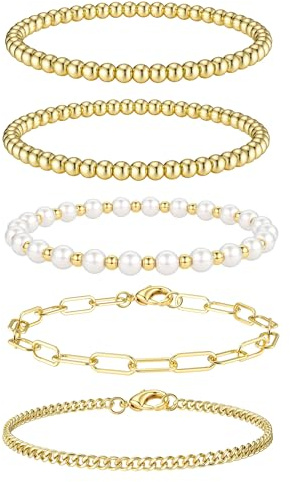 JeweBella 5 Stück Kette Armband Damen Gold Silber 14 Karat Vergoldet Edelstahl Armband Set Verstellbar Perlen Ketten Perle Armbänder Set Armkette Wasserdichter Gold Schmuck für Damen
