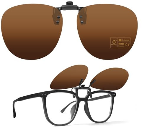 TEMSO Retro Round Clip On Sunglasses Flip up for Women Men,Polarised Clip-on Sunglasses for Driving Glasses,Clear Vision,Anti Glare