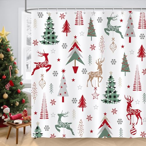 COZZSNUGE Tenda Doccia Natale, Tenda da Bagno Rosso Verde Grigio Albero di Natale Alce Vacanze Invernali 180 x 180 cm Poliestere Impermeabile Antimuffa 12 Ganci