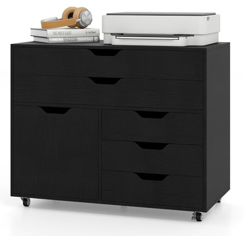 GOPLUS Aktenschrank mit 5 Schubladen, Mobile Kommode mit Seitenschrank & 5 Rollen, Rollbarer Büroschrank Holz, Aufbewahrungsschrank für Wohnzimmer, Arbeitszimmer, Büro, 78 x 40 x 64 cm (Schwarz)