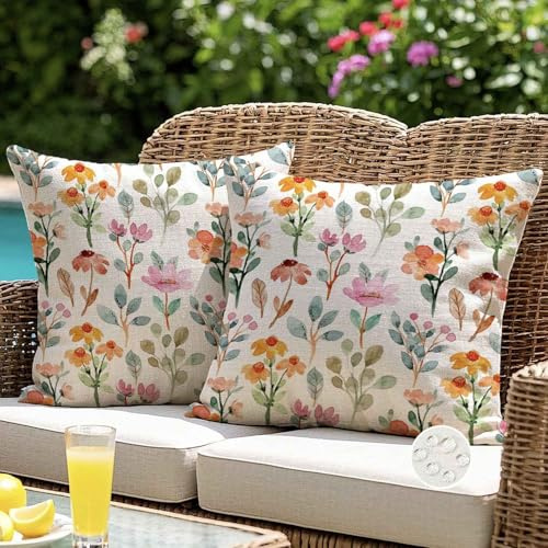 ViaElayu Outdoor Kissen 40x40 Kissenbezug Aquarell Farbe Blumen Blatt Wetterfest Kissenhülle Sofakissen Dekokissen Gartenkissen Couchkissen Sommer Deko für Wohnzimmer Bank Terrasse 2er Set