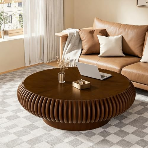 YAOBAO Couchtisch Rund Holz 100 cm Geriffelter Wohnzimmer Tisch für Couch | Runder Trommel Sofatisch mit Sockel, modern Mitteltisch für Wohnzimmer/kleine Räume/Balkon, einfache Montage, Walnuss