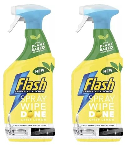 Flash Kitchen Cleaner Spray, Antibacterial, Tough on Grease, Streak-Free, No Rinse, Kills 99.9% Bacteria, Fresh Scent, 800ml (Kitchen Crisp Lemon x 2 Pack)