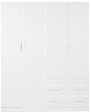 Buyqualia Armario Ropero Blanco 160x57,5x200 cm con 4 Puertas y 3 Cajones – Armario de Dormitorio Amplio y Funcional