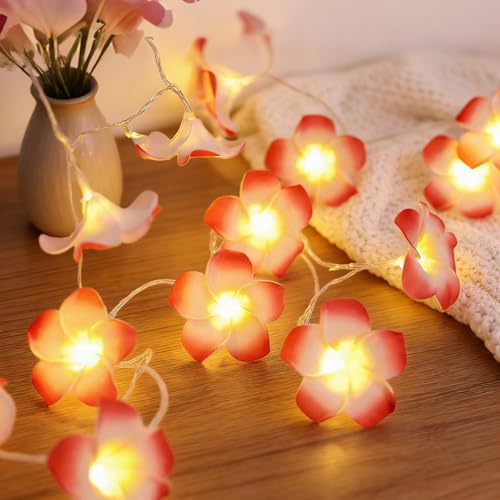 Osterdeko LED Blumen Lichterkette, Frühling Lichterketten Plumeria, Ostern Deko Lichter für Außen Innen Wand Garten Balkon Fenster Party Deko, Batteriebetrieben, 1.5/3M, IP44 Wasserdicht (3M-Rosa)