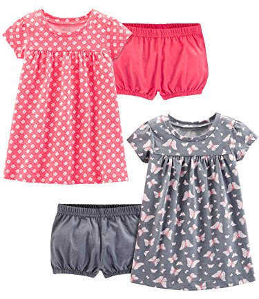 Simple Joys by Carter's Ensemble de Robes Sans-Manches et à Manches Courtes Bébé Fille, Lot de 2, Gris Papillons/Rose Fleuri, 0 mois