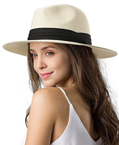 FURTALK Sun Hats for Women Wide Brim UV UPF 50+ Panama Fedora Foldable Packable Straw Beach Hat White
