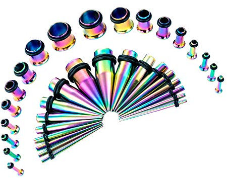 Crdifu 36 Stück Ohr Dehnstäbe Set (Ohrdehner & Ohrtunnel), Chirurgenstahl Dehnungstab & Tunnel, 1.6-10mm Dehnset, Regenbogen Ohr Expander Piercing, Ear Streching Kit
