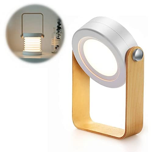 ALLOMN Luz de Mesa de Escritorio, luz de Noche Telescópica Plegable Portátil Luz de Lectura LED Lámpara de linterna con Mango de Madera, Brillo Regulable de 3 Niveles, Carga USB, Cuidado de los Ojos
