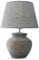 LOBERON Tischlampe Cleveland, kunstvoll gearbeiteter Fuß, Tischleuchte im Antik-Look, Akzentbeleuchtung, Wohn-Accessoire, Keramik, Leinen, grau