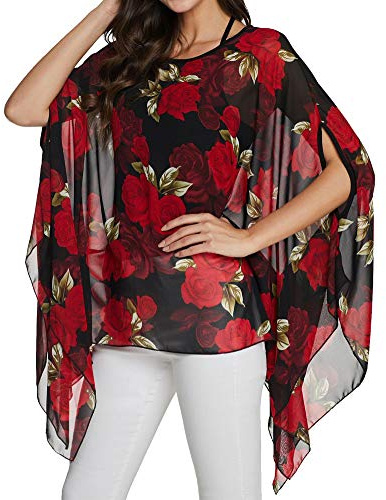 OUKIN Chiffon Blouse Batwing Tops for Women UK Plus Size Sheer Poncho Top | Womens Floaty Tops,Off Shoulder Top,Chiffon Tops,Beach Cover Ups,Boho Floral Tunic,Summer,Swimsuit,Casual Vacation Outfits