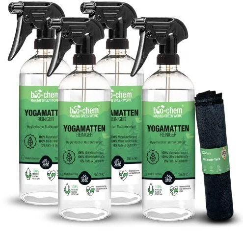 bio-chem Yogamatten-Reiniger - 4x 750 ml inkl. Mikrofasertuch - für Kunststoff- Kork und Textilmatten Sportmatten Bodenmatten