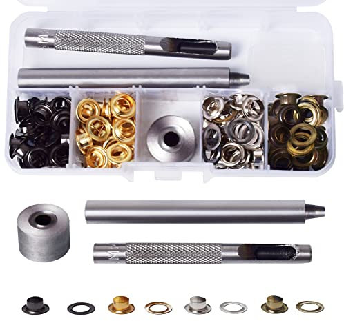Melofo 120 Pcs Grommet Tool Kit 1/4 Inch Grommets Eyelets with 3 Pieces Install Tool and Storage Box, Eyelet Punch Kit Grommets Repair Kit for Tarpaulin, Fabric, Leather, Craft Making, Assorted Color