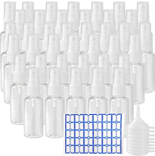 MUKLEI 40 PCS 30 ml Clear Plastic Spray Bottles, Empty Fine Mist Bottles with Funnels and Labels, Travel Size Atomiser Bottle Refillable Containers for Toiletries, Makeup, Cleaning, M