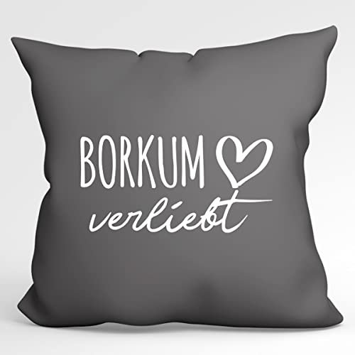 HUURAA Kissen Borkum verliebt Deko Kopfkissen Steel Grey mit Namen deiner lieblings Insel Geschenk Idee für Freunde und Familie