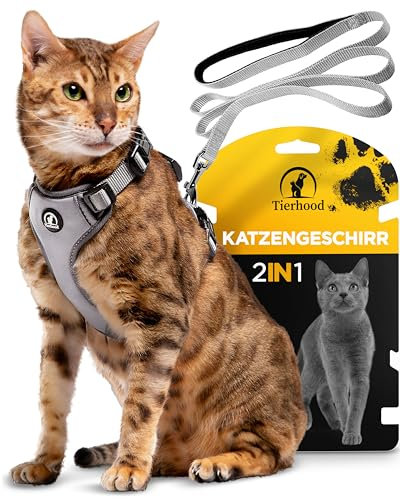 Tierhood Katzengeschirr mit Leine [Neue, LEICHTE Version] - Katzenleine mit Geschirr für Katzen und Kitten - Katzen Geschirr Set mit Leine - Kontrollierte Freiheit - Grau, Größe M